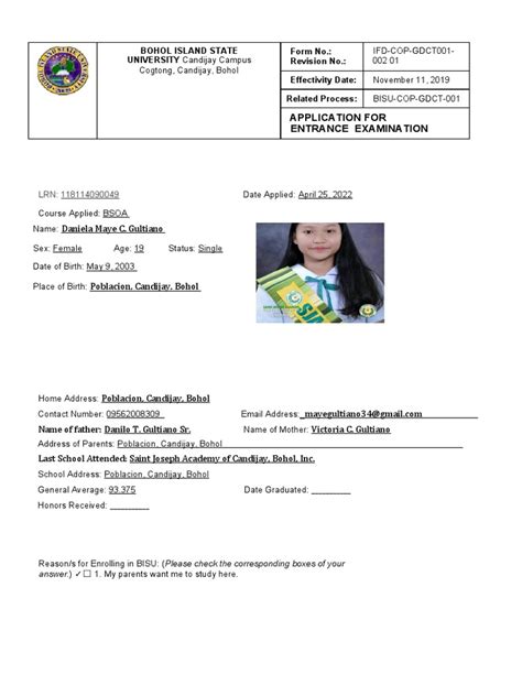 Application for the College Entrance Examination for the .